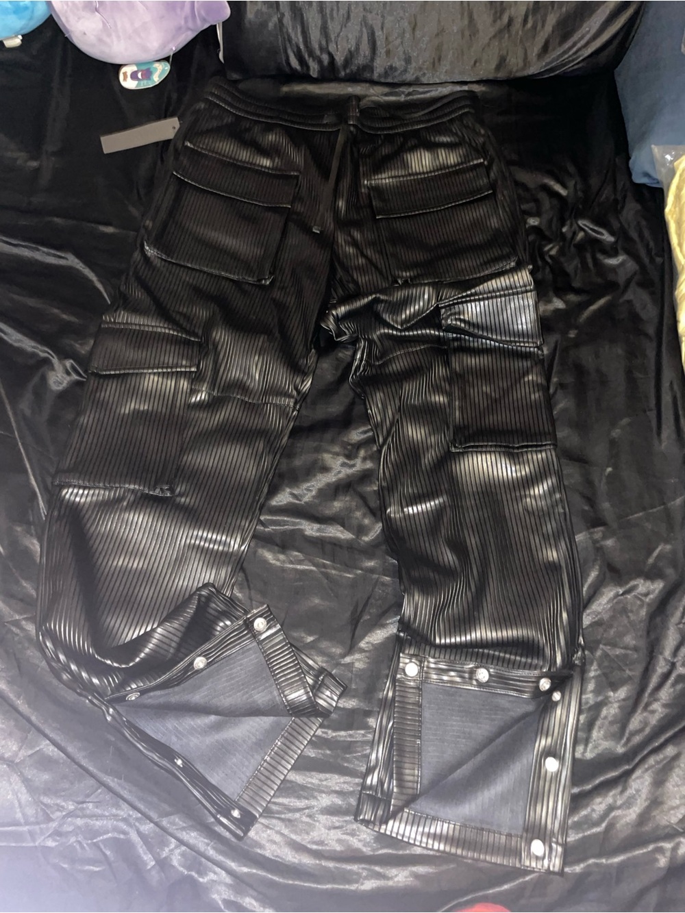 Black Ribbed Cargo Pants with Snap Cuffs